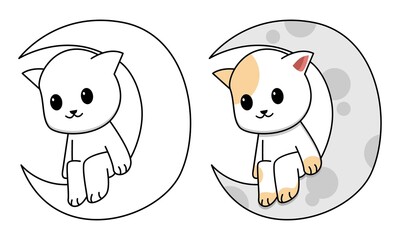 cat sitting on the moon coloring page for kids