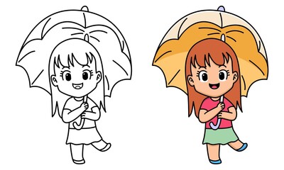 girl with umbrella coloring page for kids