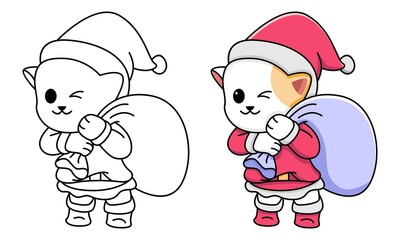 cat santa claus coloring page for kids