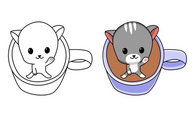 cat in coffee cup coloring page for kids