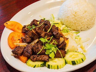 Close up shot of grilled beef rice