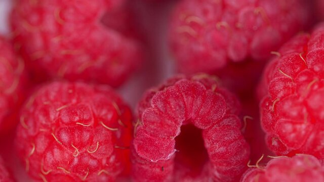 Fresh raspberry fruits as food dackground. Red raspberries, rotation.