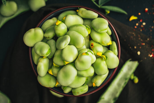 Broad bean. Fresh broad beans with spices. Green beans.