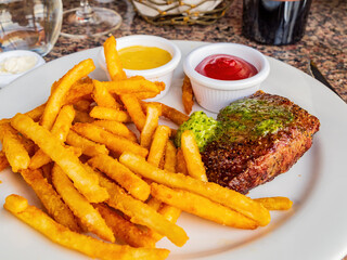Close up shot of fried wagyu beef steak with french fries