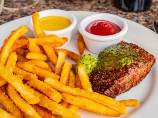 Close up shot of fried wagyu beef steak with french fries