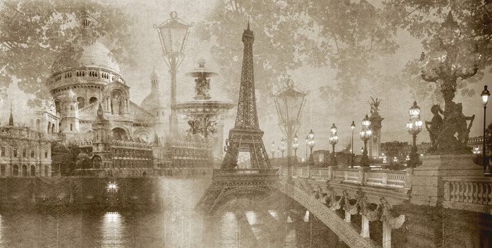 An old collage with the sights of France. The Eiffel Tower. Retro photo wallpaper. Cities in Europe.