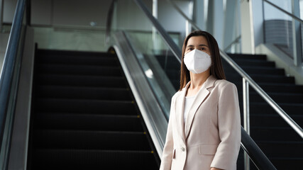 Asian woman wearing N95 face mask to protect pollution PM2.5 and virus. COVID-19 Coronavirus and Air pollution pm2.5 Healthcare and medical concept.