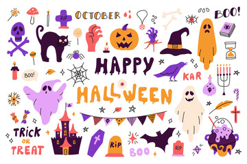 Large set with characters and icons for Halloween. Vector flat illustrations on a white background. Decor for posters, flyers, postcards