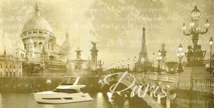 An old collage with the sights of France. The Eiffel Tower. Retro photo wallpaper. Cities in Europe.