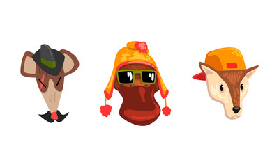 Hipster Animals Set, Portrait of Owl, Fox, Mouse in Retro Sunglasses and Caps Cartoon Vector Illustration