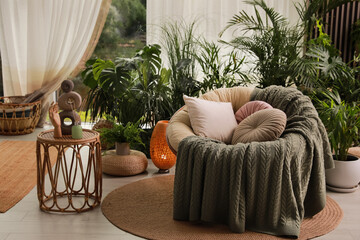 Indoor terrace interior with soft papasan chair and green plants