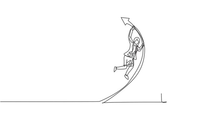 Self drawing animation of single one line draw young smart business woman jumping pole vault to reach winning trophy. Business goal growth minimal concept. Continuous line draw. Full length animated.