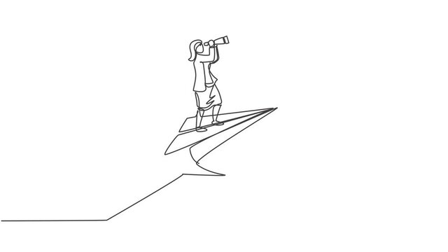 Animated self drawing of single continuous line draw young female manager flying with paper aircraft to top up arrow. Sales growth progress graph. Minimalism concept. Full length one line animation.