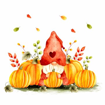 Watercolor Hand Drawn Autumn Garden Gnome With Pumpkin