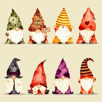 Watercolor hand drawn cute gnomes set