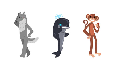 Funny Animals with Modern Gadgets Set, Monkey, Whale, Wolf Using Smartphones Cartoon Vector Illustration