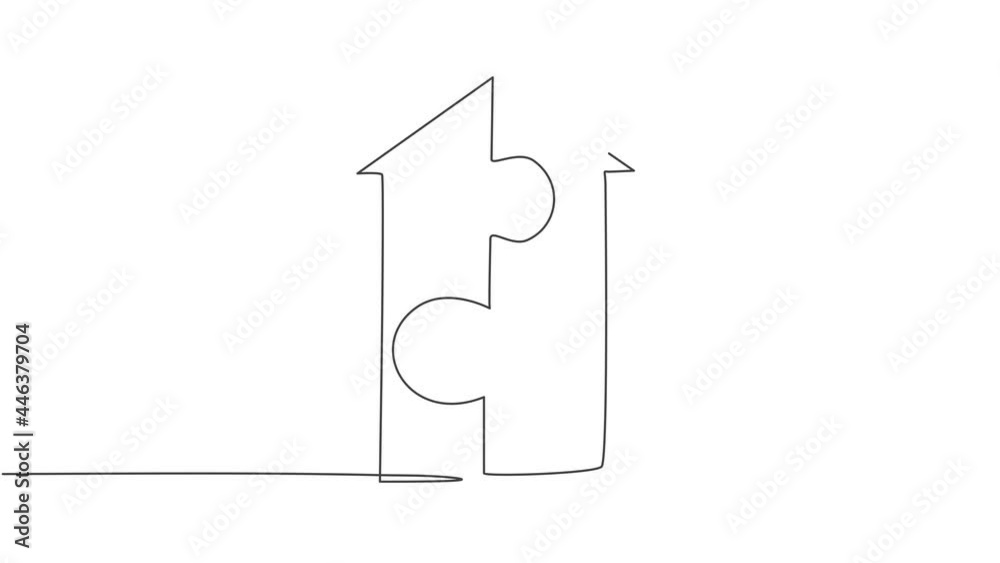 Poster self drawing animation of single continuous line draw up arrow shape build from piece of puzzles. te