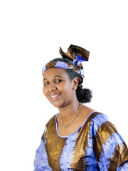 Beautiful woman, traditional clothing and headscarf, isolated, blue background 