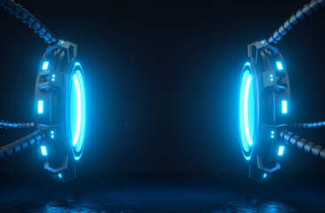 Futuristic 3d render mockup. Cyber platforms and cables with glowing neon lights.  © Михаил Богданов