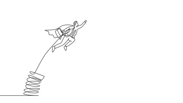 Self drawing animation of single one line draw young smart male employee jumping and flying with metal spring. Business finance growth minimal concept. Continuous line draw. Full length animated.