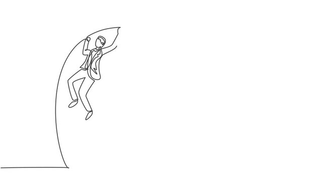 Animated self drawing of single continuous line draw young business man jumping high on pole vault arena. Attractive professional businessman. Minimalism concept. Full length one line animation.