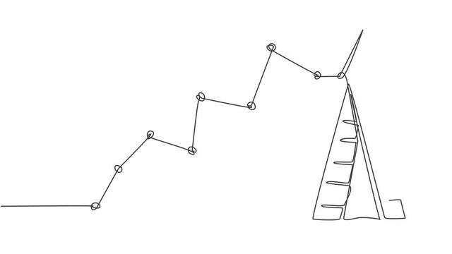 Animated self drawing of continuous one line draw young female Arabic worker climb ladder up draw sales line graph growth report. Success manager minimalist concept. Full length single line animation.