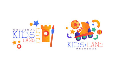 Kids Land Original Logo Set, Playground, Game Area, Party for Children Bright Badges Flat Vector Illustration