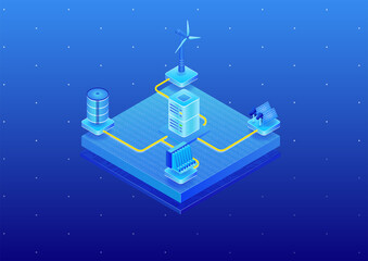 Green IT data center powered by renewable energy sources such as solar power and wind energy. 3D isometric vector illustration as concept for environmental friendly IT