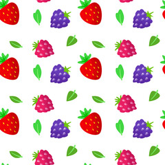 Berries seamless pattern with ripe blackberries, raspberries strawberries isolated on white. For fabric, textile, wrapping paper, wall paper. Berry summer background. Design fond. Vector illustration