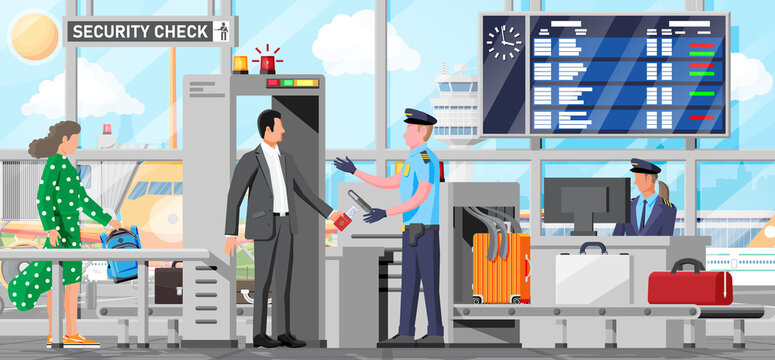 Airport Security Scanner Interior. Conveyor Belt with Passenger Luggage. Baggage Carousel Scan with People. Package X-ray Baggage. Security, Logistic and Delivery. Cartoon Flat Vector Illustration