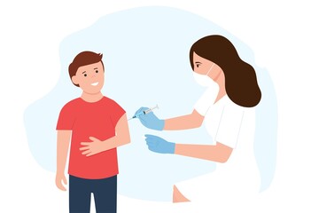 Fototapeta na wymiar Vaccine children. Doctor or nurse holds an injection vaccination kid. Vaccination concept. Healthcare and immunize. Vector illustration.