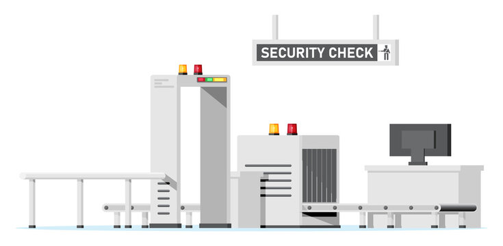 Passengers Security Check. Airport Security Zone. Metal Detector. Check Point Isolated on White. Check Baggage. Metal Scanner Gate, Luggage Conveyor Belt. Cartoon Flat Vector Illustration