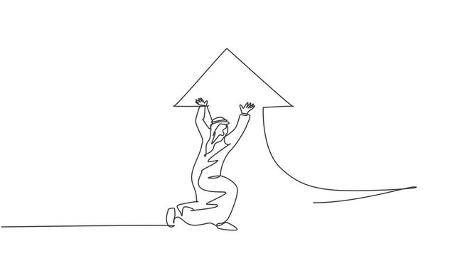 Self drawing animation of single one line draw young Arabic businessman deflect arrow sign turns upward. Success business growth strategy minimal concept. Continuous line draw. Full length animated.