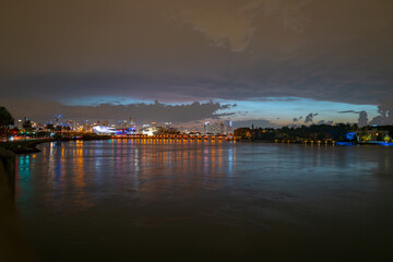 Miami at sunset. Miami Florida, colorful skyline of Macarthur causeway.