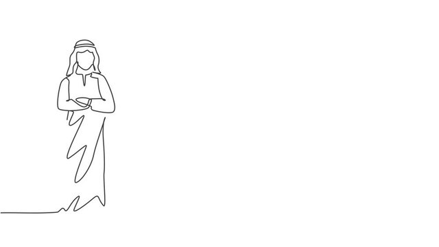 Animated self drawing of single continuous line draw young Arabian businessman pose standing with hands on chest. Successful entrepreneur. Minimalism concept. Full length one line animation.