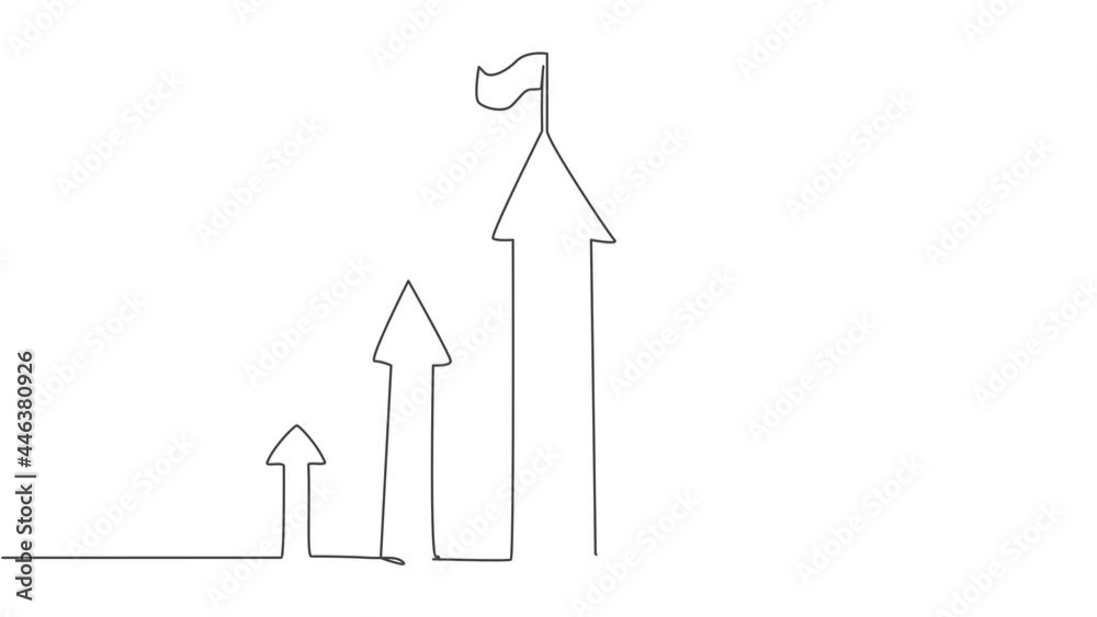 Poster animated self drawing of continuous one line draw increasing up arrows sign with a flag on the top. 