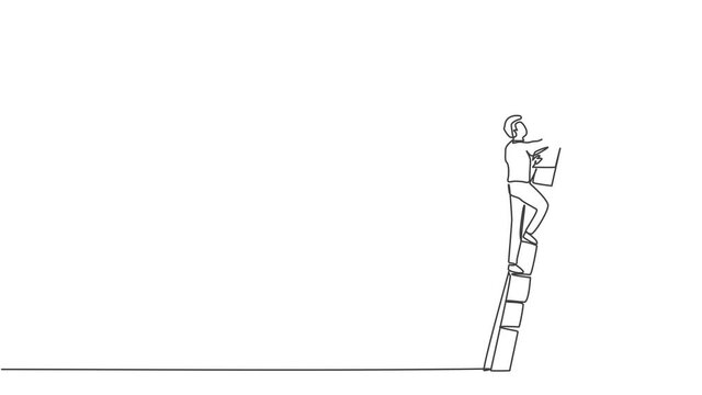 Self drawing animation of single one line draw young smart entrepreneur climbing up the wall with ladder. Business obstacle metaphor minimal concept. Continuous line draw. Full length animated.