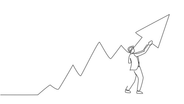 Animated self drawing of continuous one line draw young male worker mark the sales increase up at the report graph. Success business manager minimalist concept. Full length single line animation.
