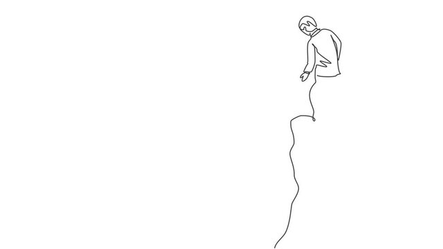 Self drawing animation of single one line draw young smart business man looking top mountain from up arrow sign. Business financial growth minimal concept. Continuous line draw. Full length animated.