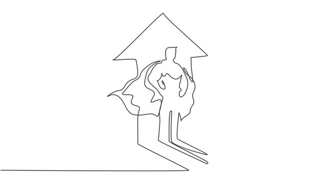 Animated self drawing of continuous one line draw young smart male worker standing with superhero shadow reflect to wall. Success business manager minimalist concept. Full length single line animation