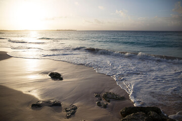 Summer on Barbados Island. Exotic vacations. Palm trees. Turquoise water. Sunny blue sky. Beautiful white-sand beach.