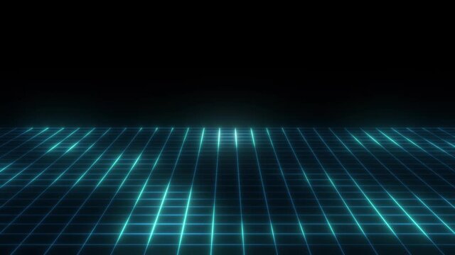 Pale blue neons paint squares on the black floor space.