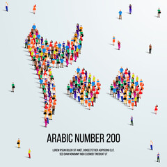 large group of people form to create the number 200 or Two Hundred in Arabic. People font or Number. Vector illustration of Arabic number 200.