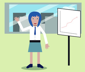 Business woman in front of a window explaining on a whiteboard. Meeting. Vector. Modern and flat style.