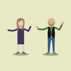 Obraz premium Bald man in vest and woman with separate body elements. Vector. Modern and flat style.