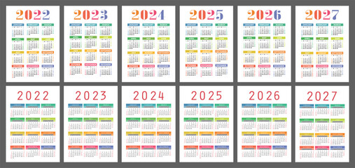 Calendar 2022, 2023, 2024, 2025, 2026 and 2027. English vector set. Vertical wall or pocket calender template. Week starts on Sunday - obrazy, fototapety, plakaty