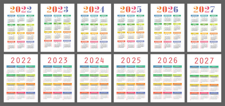 Calendar 2022, 2023, 2024, 2025, 2026 and 2027. English vector set. Vertical wall or pocket calender template. Week starts on Sunday