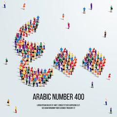 large group of people form to create the number 400 or Four Hundred in Arabic. People font or Number. Vector illustration of Arabic number 400.