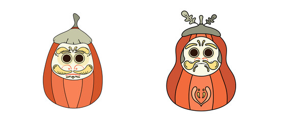 Halloween Funny Lantern Jack Pumpkin in Japanese Traditional Daruma Doll Style.