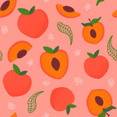 Peach or apricot seamless pattern on pink background with flower hand drawn elements, summer fruit ornate